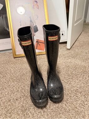 Hunter Kids Black Glitter Mid-Calf Rain Boots